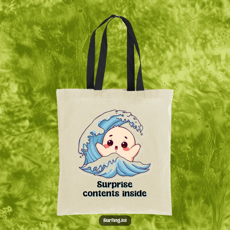 Funny Chubby Surfer Tote Bag: A chubby character with a surprised face is playfully tossed by a wave, ready for errands.