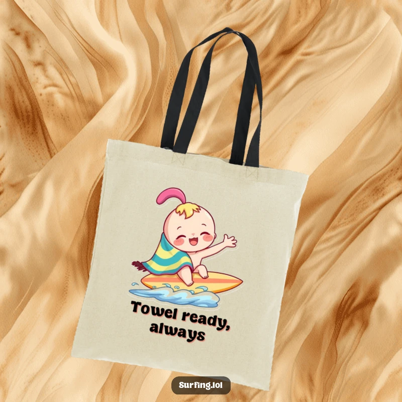 Funny joyful character playfully wiping across surfboard with a colorful towel on a tote bag, ideal for beach essentials, a funny gift.
